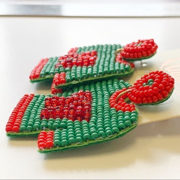 Green and Red Boho Seed Beaded Ugly Christmas Sweater Earrings - Picture 3 of 5